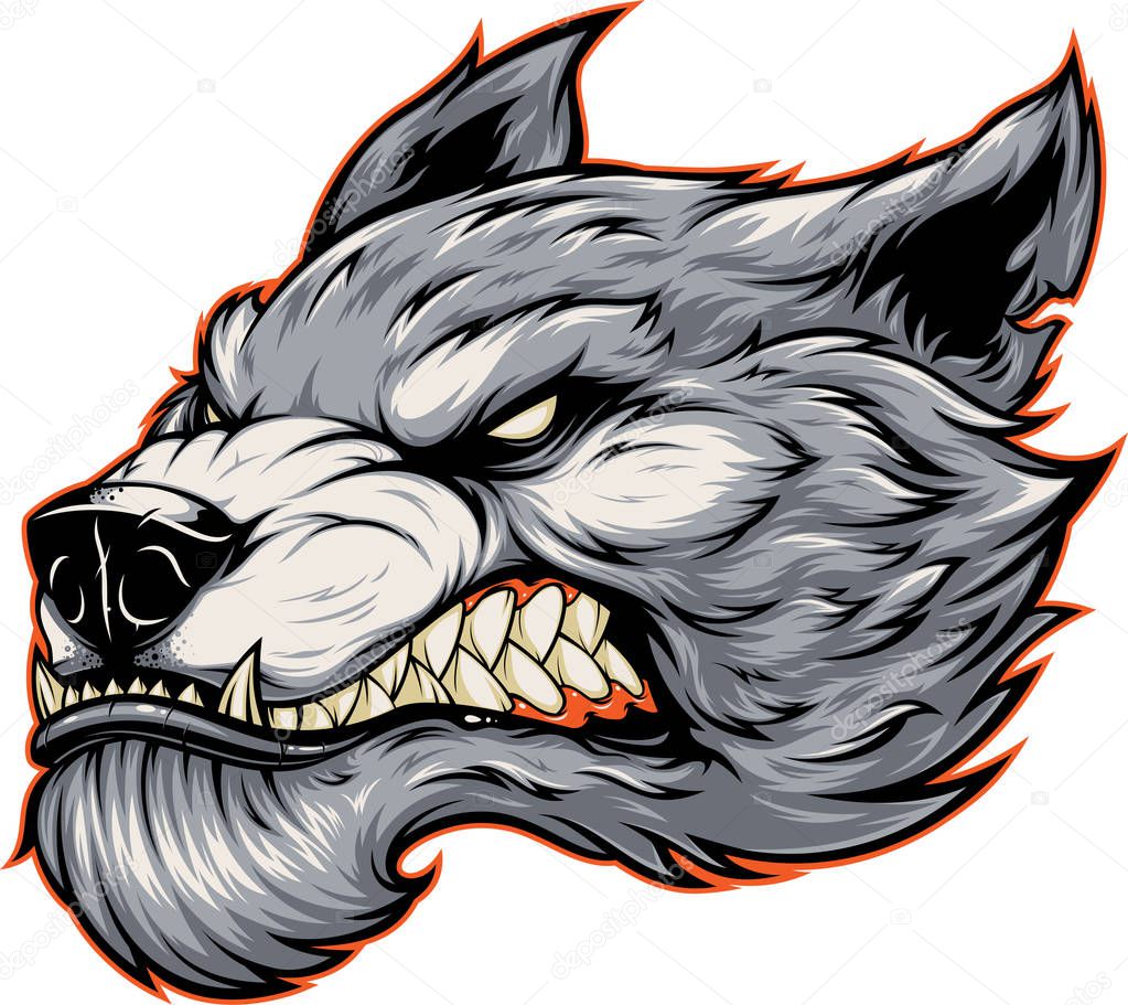 Vector illustration, head of a ferocious werewolf wolf, in cartoon style, isolated on white background