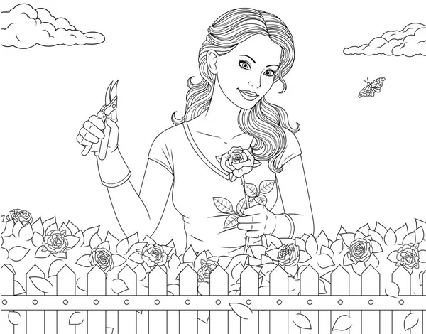 Hermosa chica en el jardín con rosas — Vector de stock