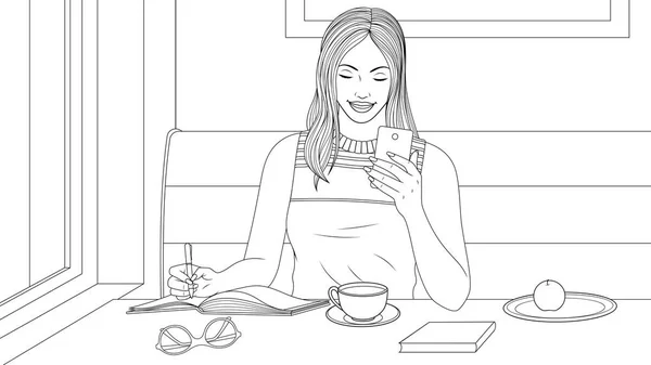 Hermosa chica en el café — Vector de stock