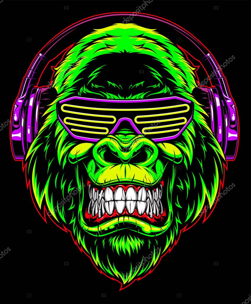 Vector illustration. funny gorilla listening to music on headphones, stylish DJ.