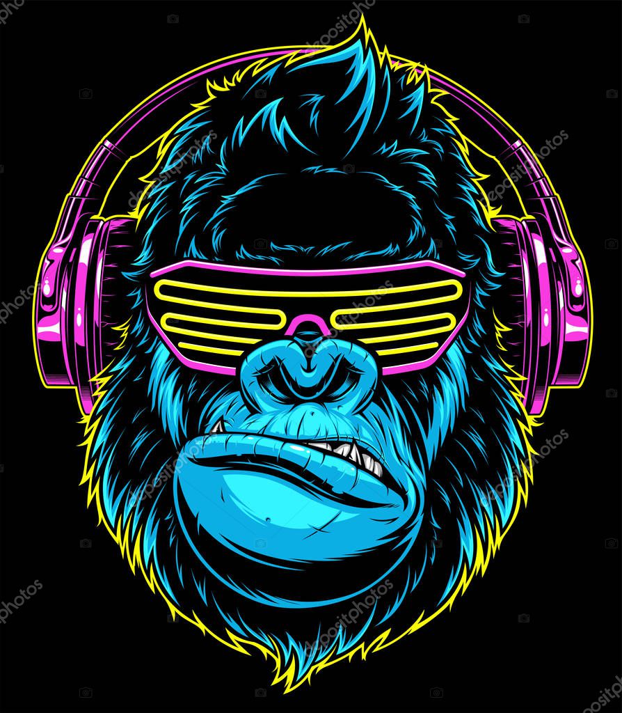 Vector illustration. funny gorilla listening to music on headphones, stylish DJ.