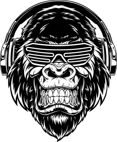 Gorila feroz en auriculares — Vector de stock