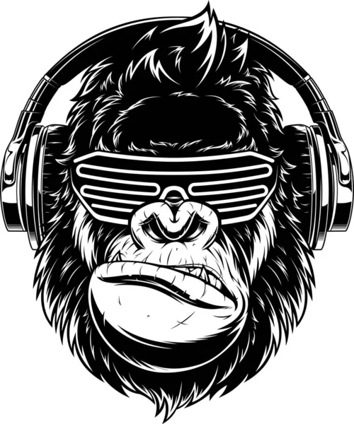 耳机中的凶猛大猩猩 — 图库矢量图片
