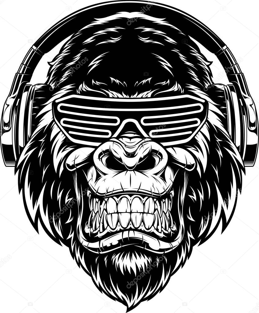Vector illustration. funny gorilla listening to music on headphones, stylish DJ