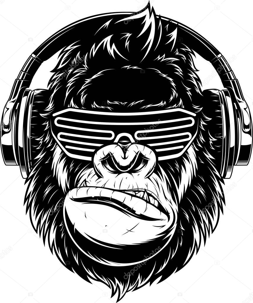 Vector illustration. funny gorilla listening to music on headphones, stylish DJ