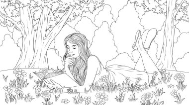 Kız çayırda bir kitap okuyor..