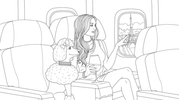 Belle fille vole dans un avion au-dessus de Paris — Image vectorielle