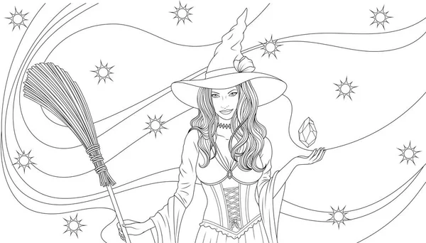 Illustrazione vettoriale, bella strega con una scopa evoca, notte magica Halloween, — Vettoriale Stock