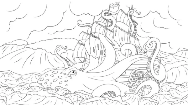 Large octopus kraken attacks the ship. — Stock Vector