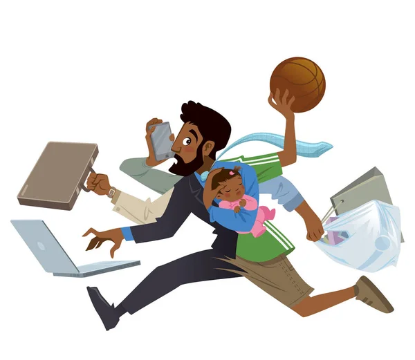 Cartoon super busy black man and father multitasking in work — Stock Vector