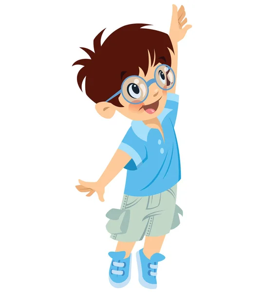 Happy cute boy pupil with glasses trying to reach something — Stock Vector