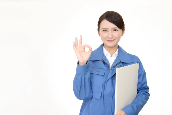 Smiling Female Worker Isolated White Background — Stock Photo, Image