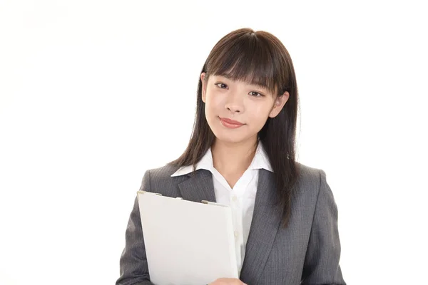 Office Lady Glimlachend Geïsoleerd Witte Achtergrond — Stockfoto