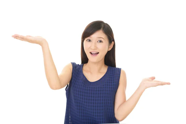 Woman Showing Something Palm Her Hands — Stock Photo, Image