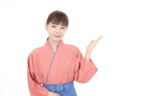 Japanese Waitress Showing Something Palm Her Hand — Stock Photo, Image