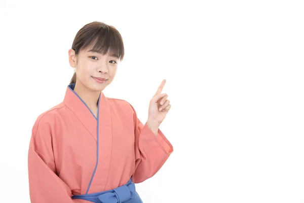 Japoński Kelnerka Wskazując Jej Palcem — Zdjęcie stockowe
