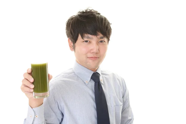 Asian Man Drinking Glass Vegetable Juice — Stock Photo, Image