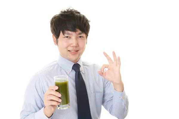 Asian Man Drinking Glass Vegetable Juice — Stock Photo, Image