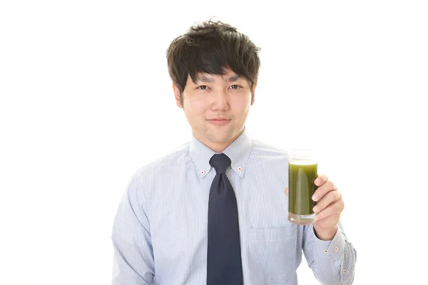 Asian Man Drinking Glass Vegetable Juice — Stock Photo, Image