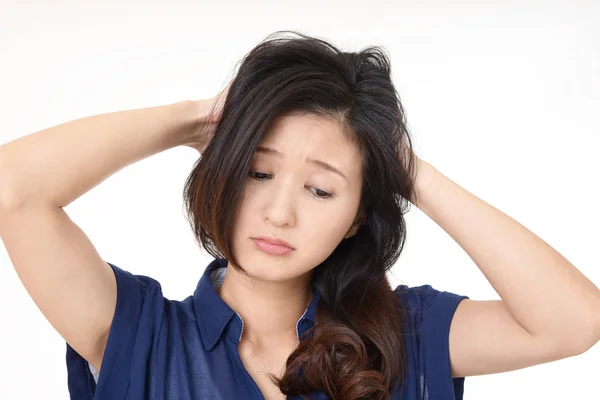 Asian Kobieta Czuje Się Zmęczony Podkreślił — Zdjęcie stockowe