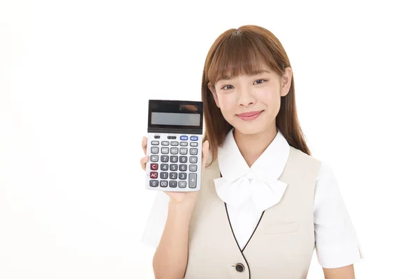 Mujer Negocios Sonriente Con Una Calculadora —  Fotos de Stock