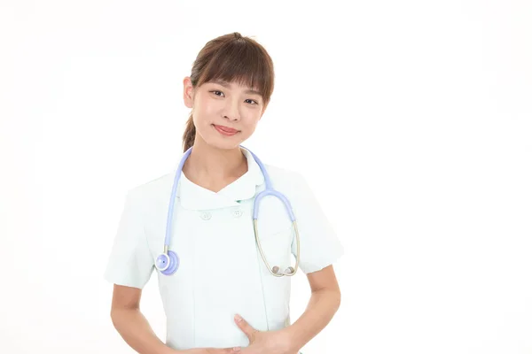 Enfermeira Sorridente Isolada Fundo Branco — Fotografia de Stock