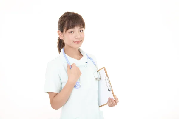 Lachende Vrouw Verpleegster Geïsoleerd Witte Achtergrond — Stockfoto