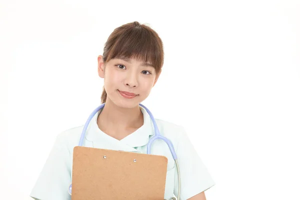 Lachende Vrouw Verpleegster Geïsoleerd Witte Achtergrond — Stockfoto