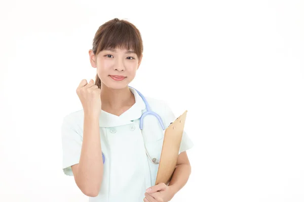 Lachende Vrouw Verpleegster Geïsoleerd Witte Achtergrond — Stockfoto