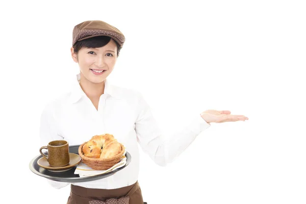 Mooie Aziatische Serveerster Iets Waarop Met Palm Van Haar Hand — Stockfoto