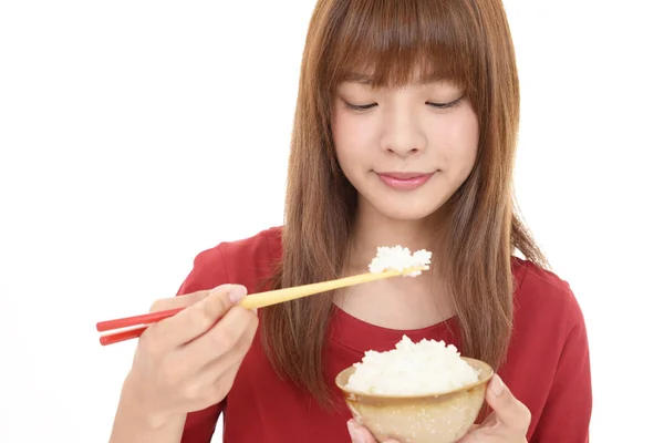 Kobieta Jedzenie Miska Ryżu — Zdjęcie stockowe