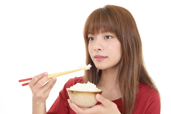 Mujer Comiendo Tazón Arroz — Foto de Stock
