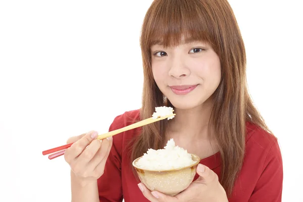 Woman Eating Bowl Rice — Stock Photo, Image