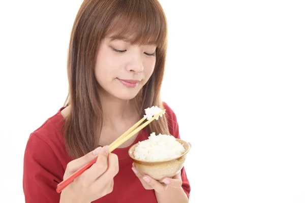 Woman Eating Bowl Rice — Stock Photo, Image