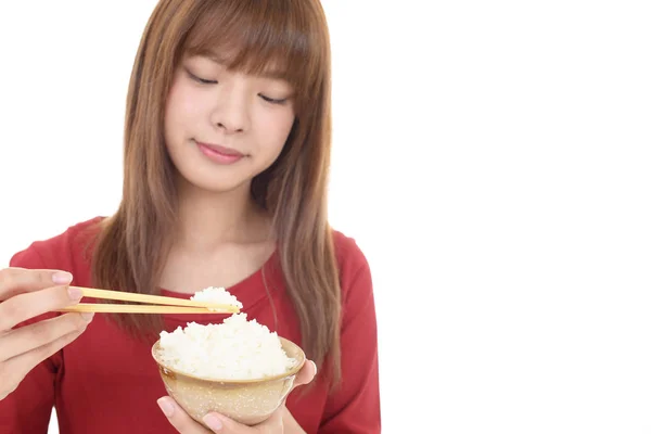 Woman Eating Bowl Rice — Stock Photo, Image