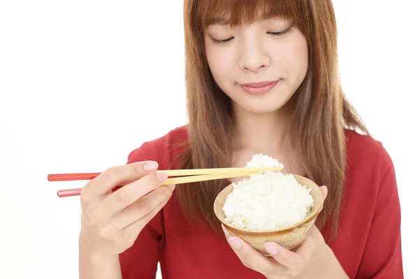 Woman Eating Bowl Rice — Stock Photo, Image