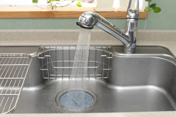 Stainless Steel Kitchen Faucet Sink Running Water — Stock Photo, Image