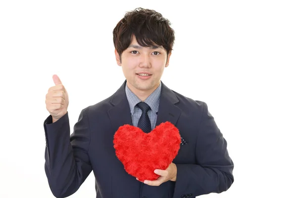 Homem Sorridente Com Coração Vermelho — Fotografia de Stock