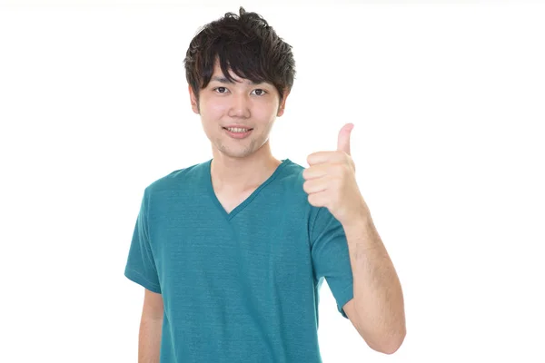 Azji Człowiek Pokazując Kciuki Górę Znak — Zdjęcie stockowe