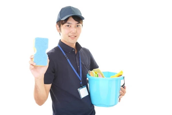 Smiling Asian Janitor Posing Cleaning Supplies — Stock Photo, Image