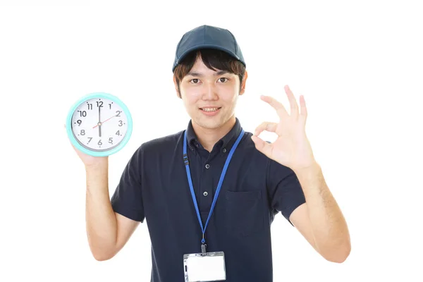 Smiling Male Worker Clock — Stock Photo, Image