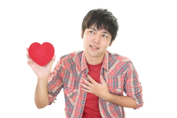 Homem Segurando Símbolo Amor Coração Vermelho — Fotografia de Stock