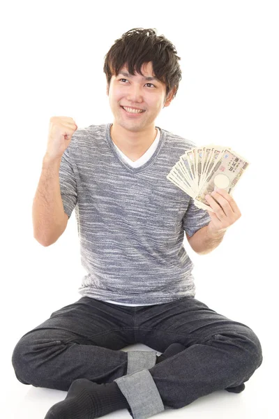 Smiling Asian Man Money — Stock Photo, Image