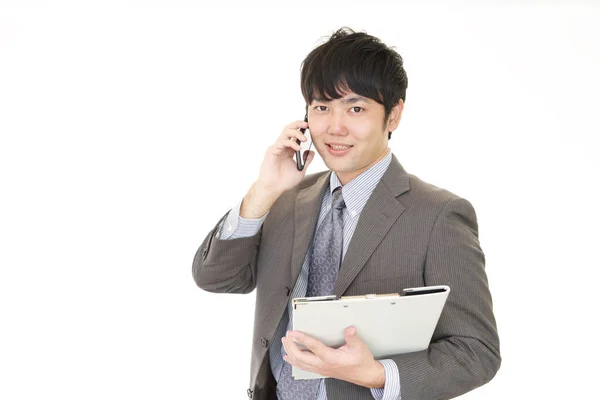 Empresário Que Está Falando Telefone Inteligente — Fotografia de Stock