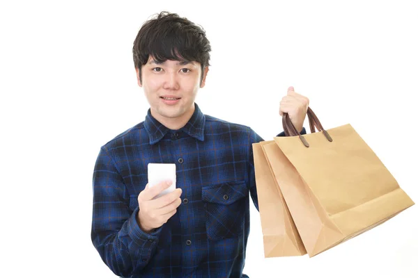 Hombre Sonriente Con Bolsas Compras — Foto de Stock