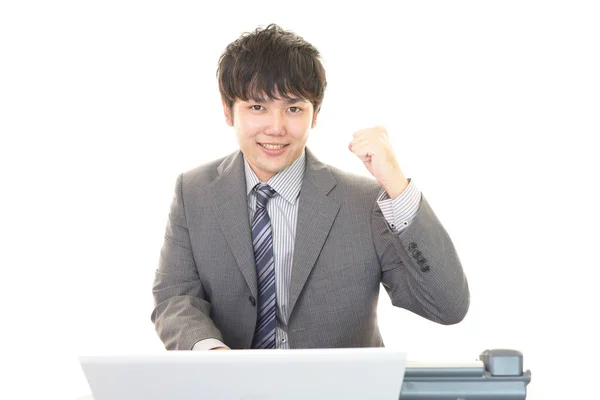 Hombre Negocios Sonriente Usando Laptop —  Fotos de Stock