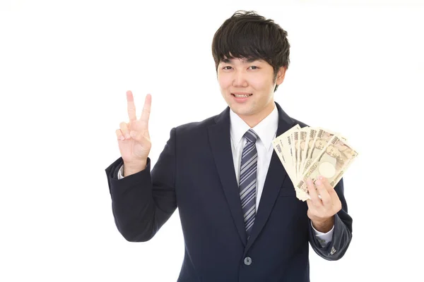 Счастливый Азиатский Бизнесмен Деньгами — стоковое фото