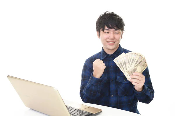 Homem Sucesso Usando Laptop Construção Negócios Line Fazendo Dinheiro — Fotografia de Stock