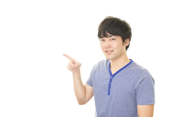 Asian Man Pointing Isolated White Background — Stock Photo, Image