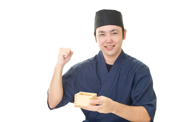 Japanse Chef Kok Een Kopje Van Sake Houden — Stockfoto